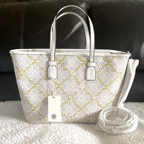 Tory Burch Women's T Monogram Canvas Floral Vine Small Tote - Picture 2 of 11